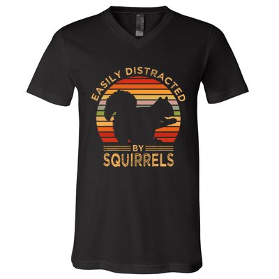 Easily Distracted By Squirrels Vintage Funny Squirrel V-Neck T-Shirt