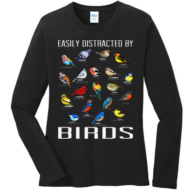Easily Distracted By Birds Birdwatching Lover Birdwatcher Ladies Long Sleeve Shirt