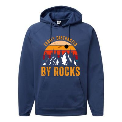 Easily Distracted By Rocks Vintage Funny Rocks Performance Fleece Hoodie