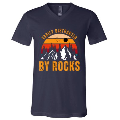 Easily Distracted By Rocks Vintage Funny Rocks V-Neck T-Shirt