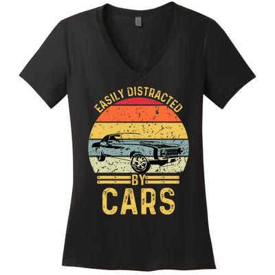 Easily Distracted By Cars Automobile Car Lover Women's V-Neck T-Shirt