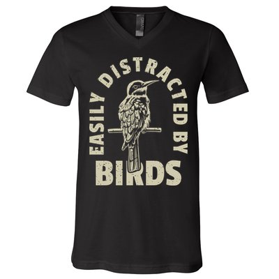 Easily Distracted By Birds Bird Cage Vintage Distress V-Neck T-Shirt