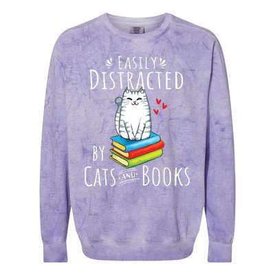 Easily Distracted By Cats And Books Funny Cat Book Lover Colorblast Crewneck Sweatshirt