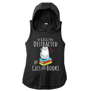 Easily Distracted By Cats And Books Funny Cat Book Lover Ladies PosiCharge Tri-Blend Wicking Draft Hoodie Tank