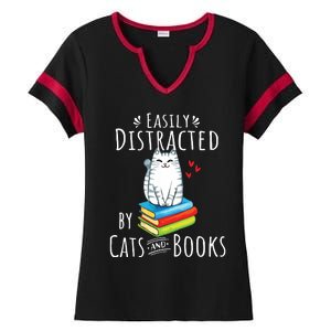 Easily Distracted By Cats And Books Funny Cat Book Lover Ladies Halftime Notch Neck Tee