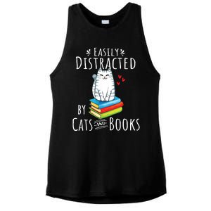 Easily Distracted By Cats And Books Funny Cat Book Lover Ladies PosiCharge Tri-Blend Wicking Tank