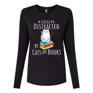 Easily Distracted By Cats And Books Funny Cat Book Lover Womens Cotton Relaxed Long Sleeve T-Shirt