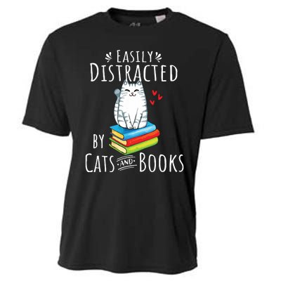 Easily Distracted By Cats And Books Funny Cat Book Lover Cooling Performance Crew T-Shirt