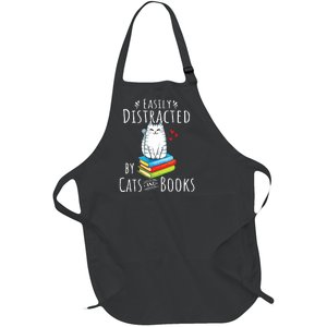 Easily Distracted By Cats And Books Funny Cat Book Lover Full-Length Apron With Pockets