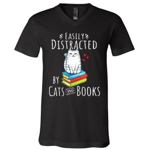 Easily Distracted By Cats And Books Funny Cat Book Lover V-Neck T-Shirt