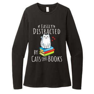 Easily Distracted By Cats And Books Funny Cat Book Lover Womens CVC Long Sleeve Shirt