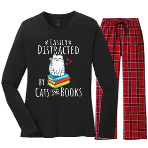 Easily Distracted By Cats And Books Funny Cat Book Lover Women's Long Sleeve Flannel Pajama Set 