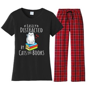 Easily Distracted By Cats And Books Funny Cat Book Lover Women's Flannel Pajama Set