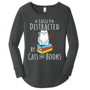 Easily Distracted By Cats And Books Funny Cat Book Lover Women's Perfect Tri Tunic Long Sleeve Shirt