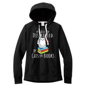 Easily Distracted By Cats And Books Funny Cat Book Lover Women's Fleece Hoodie