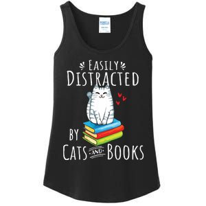 Easily Distracted By Cats And Books Funny Cat Book Lover Ladies Essential Tank