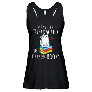 Easily Distracted By Cats And Books Funny Cat Book Lover Ladies Essential Flowy Tank