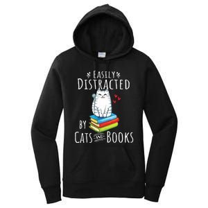 Easily Distracted By Cats And Books Funny Cat Book Lover Women's Pullover Hoodie