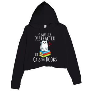 Easily Distracted By Cats And Books Funny Cat Book Lover Crop Fleece Hoodie