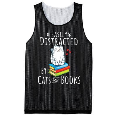 Easily Distracted By Cats And Books Funny Cat Book Lover Mesh Reversible Basketball Jersey Tank