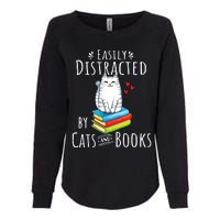 Easily Distracted By Cats And Books Funny Cat Book Lover Womens California Wash Sweatshirt