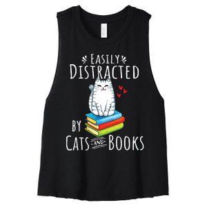 Easily Distracted By Cats And Books Funny Cat Book Lover Women's Racerback Cropped Tank