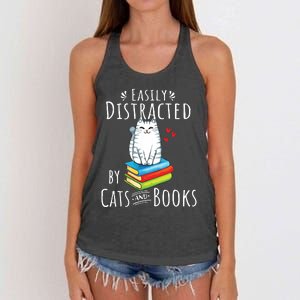 Easily Distracted By Cats And Books Funny Cat Book Lover Women's Knotted Racerback Tank