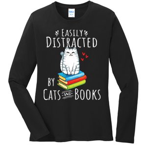 Easily Distracted By Cats And Books Funny Cat Book Lover Ladies Long Sleeve Shirt