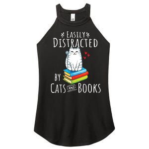 Easily Distracted By Cats And Books Funny Cat Book Lover Women's Perfect Tri Rocker Tank