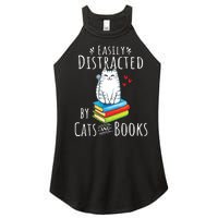 Easily Distracted By Cats And Books Funny Cat Book Lover Women's Perfect Tri Rocker Tank