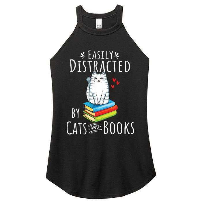 Easily Distracted By Cats And Books Funny Cat Book Lover Women's Perfect Tri Rocker Tank