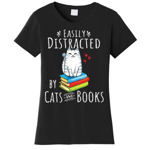 Easily Distracted By Cats And Books Funny Cat Book Lover Women's T-Shirt