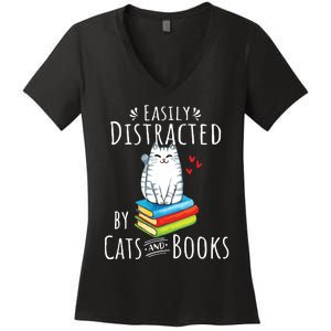 Easily Distracted By Cats And Books Funny Cat Book Lover Women's V-Neck T-Shirt