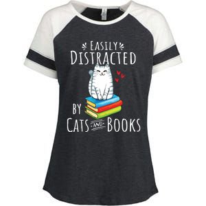 Easily Distracted By Cats And Books Funny Cat Book Lover Enza Ladies Jersey Colorblock Tee