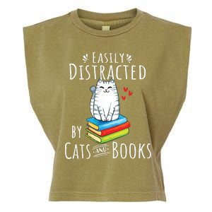 Easily Distracted By Cats And Books Funny Cat Book Lover Garment-Dyed Women's Muscle Tee