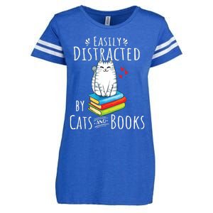 Easily Distracted By Cats And Books Funny Cat Book Lover Enza Ladies Jersey Football T-Shirt