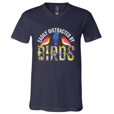 Easily Distracted By Birds Funny Bird Wtahers V-Neck T-Shirt