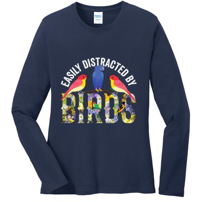 Easily Distracted By Birds Funny Bird Wtahers Ladies Long Sleeve Shirt