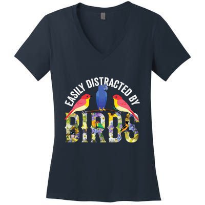 Easily Distracted By Birds Funny Bird Wtahers Women's V-Neck T-Shirt