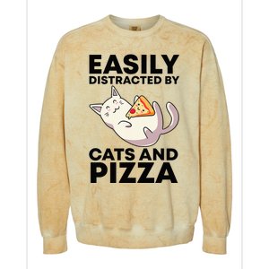 Easily Distracted By Cats And Pizza Kawaii Cat Lovers Gift Colorblast Crewneck Sweatshirt