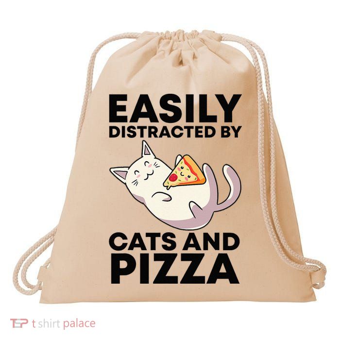 Easily Distracted By Cats And Pizza Kawaii Cat Lovers Gift Drawstring Bag