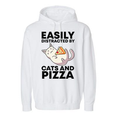 Easily Distracted By Cats And Pizza Kawaii Cat Lovers Gift Garment-Dyed Fleece Hoodie