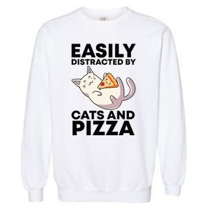 Easily Distracted By Cats And Pizza Kawaii Cat Lovers Gift Garment-Dyed Sweatshirt