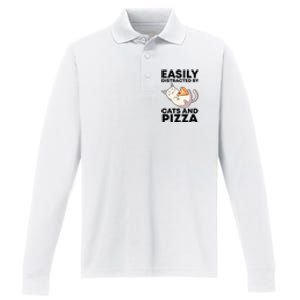 Easily Distracted By Cats And Pizza Kawaii Cat Lovers Gift Performance Long Sleeve Polo