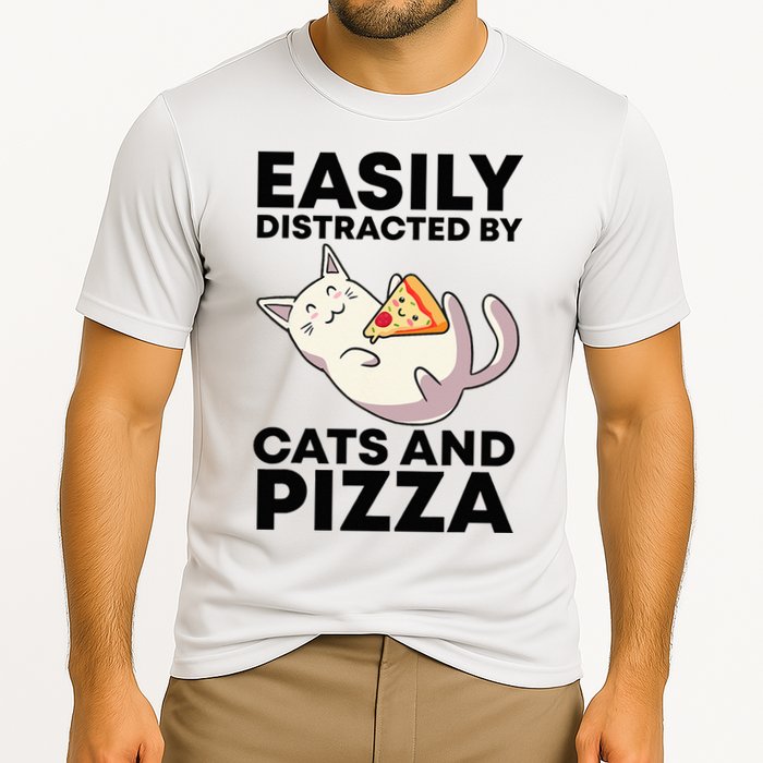 Easily Distracted By Cats And Pizza Kawaii Cat Lovers Gift Cooling Performance Crew T-Shirt