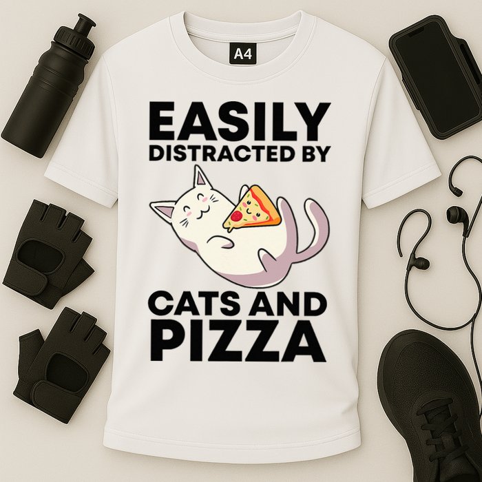 Easily Distracted By Cats And Pizza Kawaii Cat Lovers Gift Cooling Performance Crew T-Shirt