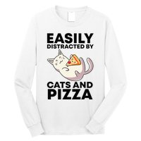 Easily Distracted By Cats And Pizza Kawaii Cat Lovers Gift Long Sleeve Shirt