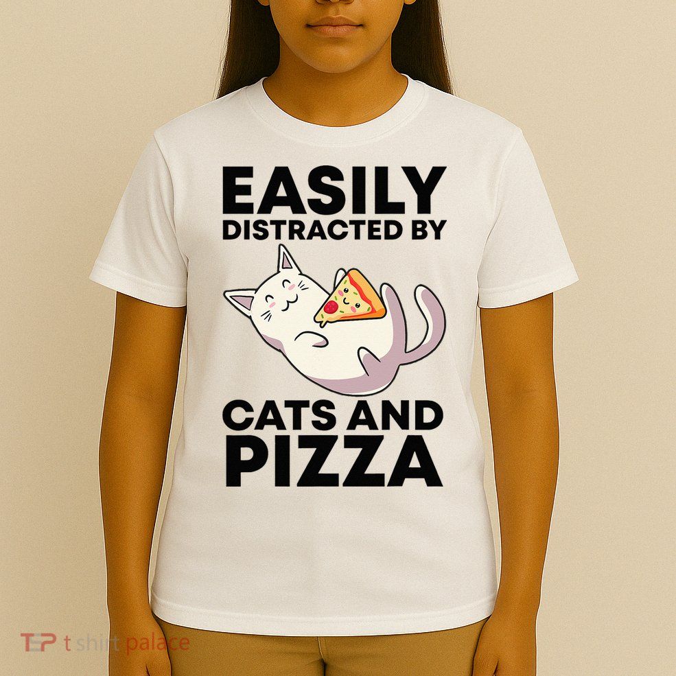 Easily Distracted By Cats And Pizza Kawaii Cat Lovers Gift T-Shirt