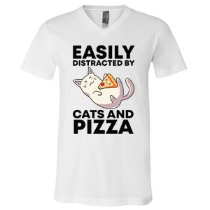 Easily Distracted By Cats And Pizza Kawaii Cat Lovers Gift V-Neck T-Shirt