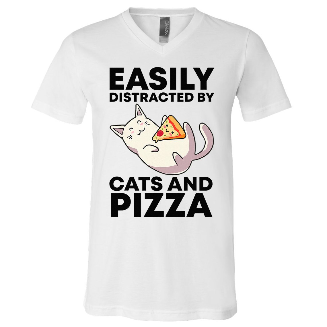 Easily Distracted By Cats And Pizza Kawaii Cat Lovers Gift V-Neck T-Shirt